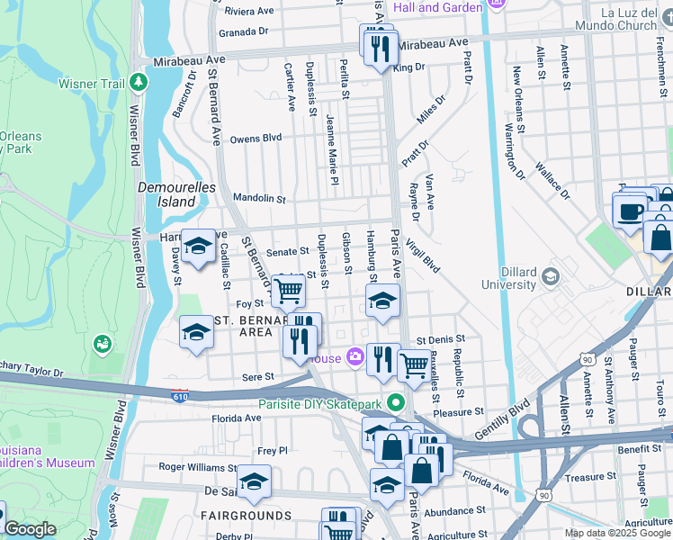 map of restaurants, bars, coffee shops, grocery stores, and more near 1473 Caton Street in New Orleans
