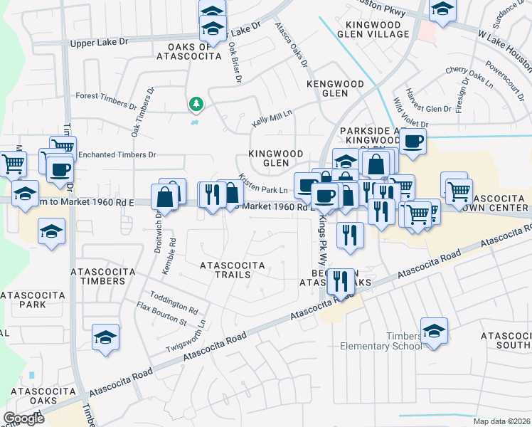map of restaurants, bars, coffee shops, grocery stores, and more near 6030 Farm to Market 1960 in Atascocita