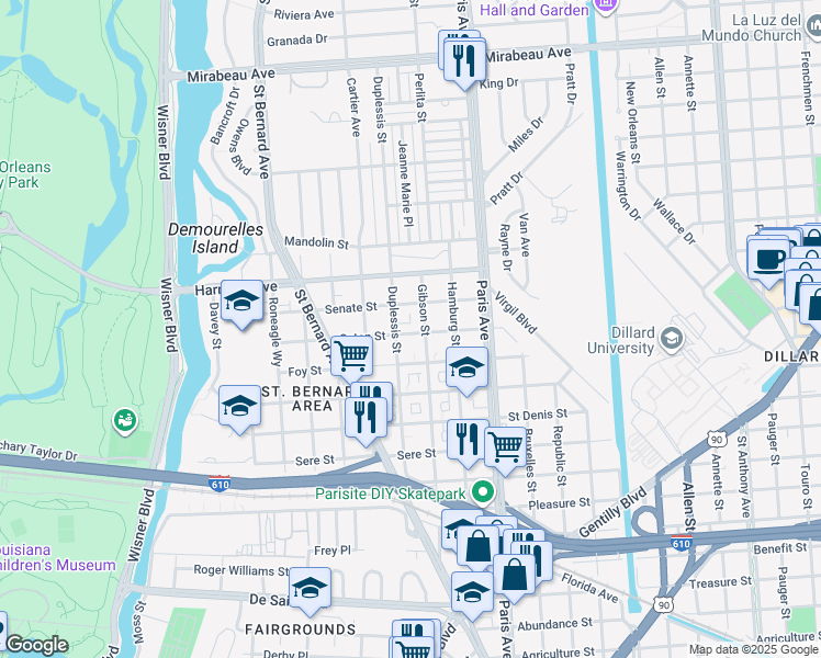 map of restaurants, bars, coffee shops, grocery stores, and more near 1475 Caton Street in New Orleans