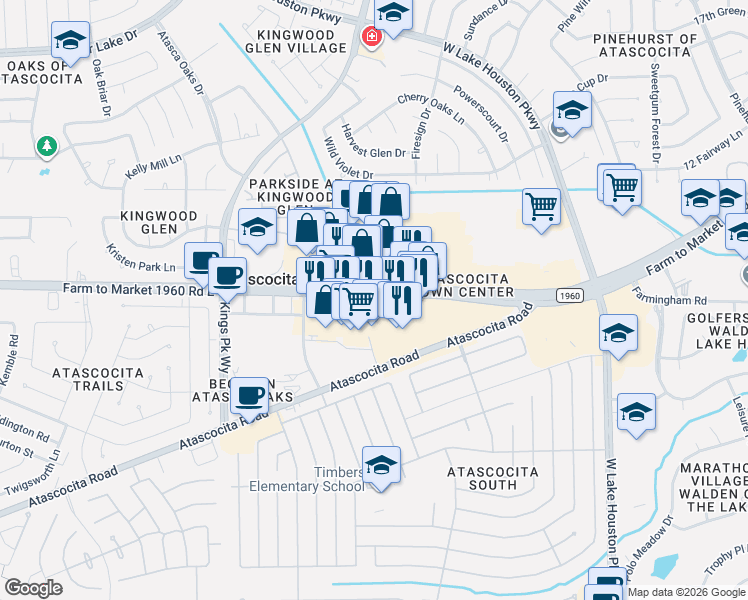 map of restaurants, bars, coffee shops, grocery stores, and more near 7060 Farm to Market 1960 in Humble
