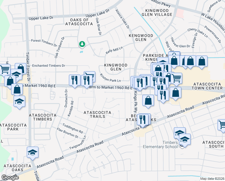 map of restaurants, bars, coffee shops, grocery stores, and more near 6030 Farm to Market 1960 in Atascocita