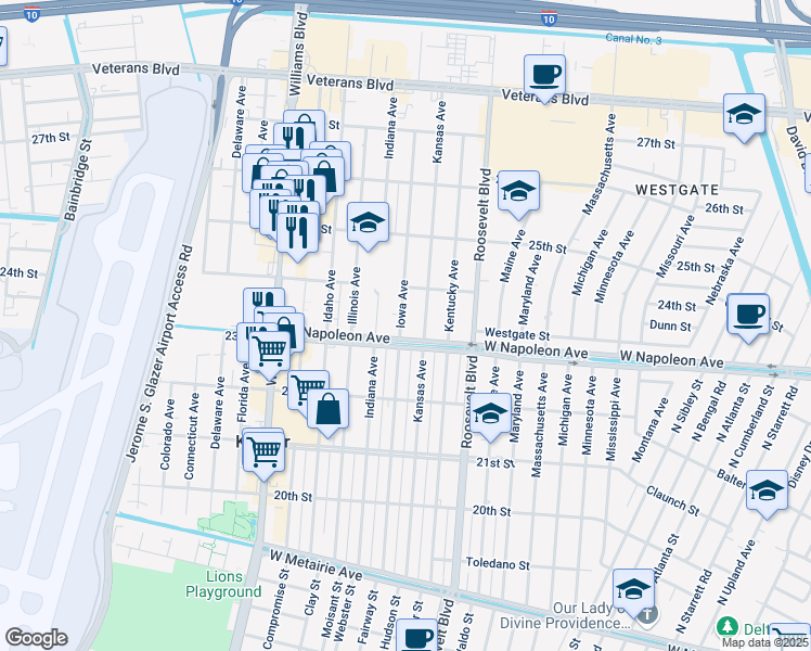map of restaurants, bars, coffee shops, grocery stores, and more near 2311 Kansas Avenue in Kenner