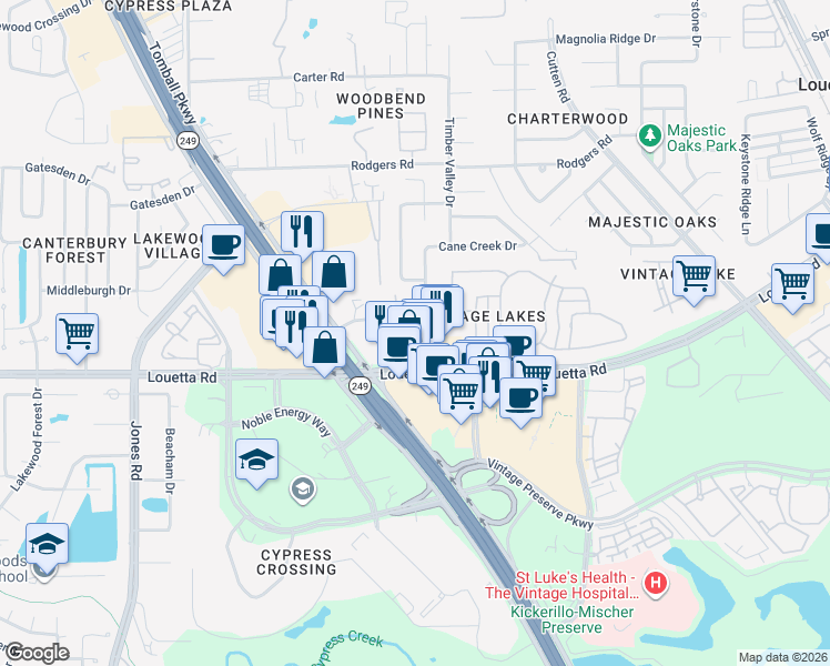 map of restaurants, bars, coffee shops, grocery stores, and more near 10110 Charterwood Drive in Houston