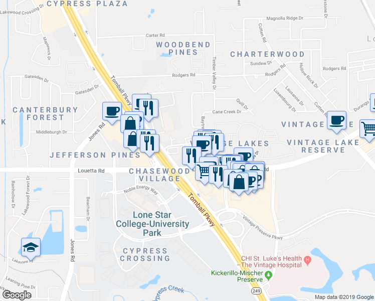map of restaurants, bars, coffee shops, grocery stores, and more near 15610 Cabot Creek Circle in Houston