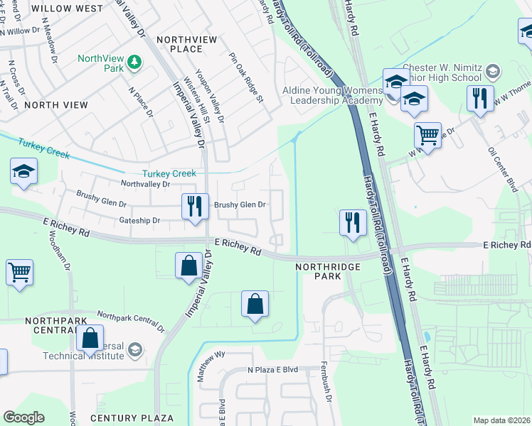 map of restaurants, bars, coffee shops, grocery stores, and more near 750 Brushy Glen Drive in Houston