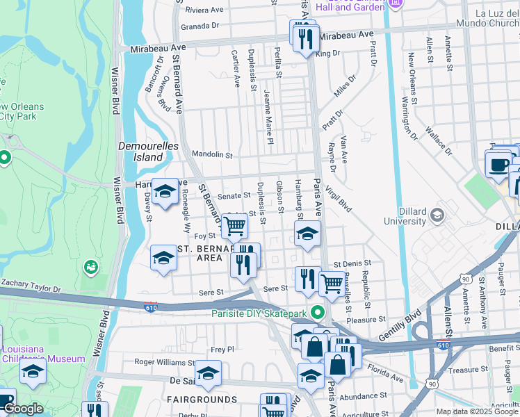 map of restaurants, bars, coffee shops, grocery stores, and more near 4012 Duplessis Street in New Orleans