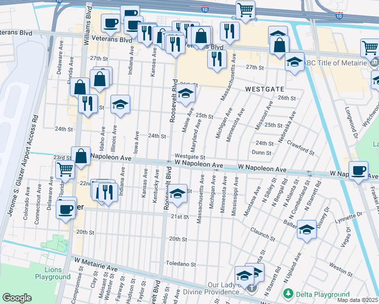 map of restaurants, bars, coffee shops, grocery stores, and more near 2333 Maryland Avenue in Metairie