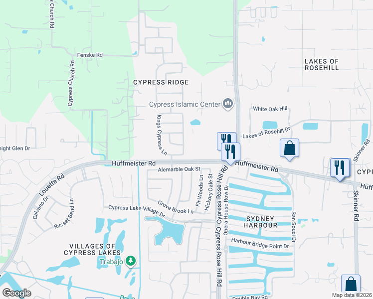 map of restaurants, bars, coffee shops, grocery stores, and more near 15802 Randall Ridge Lane in Cypress