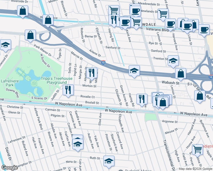 map of restaurants, bars, coffee shops, grocery stores, and more near 2512 Elizabeth Street in Metairie
