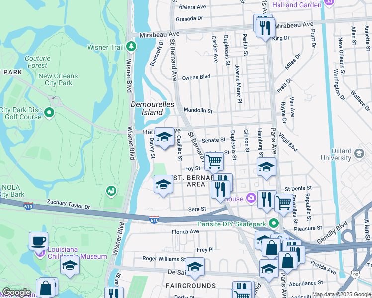 map of restaurants, bars, coffee shops, grocery stores, and more near in New Orleans