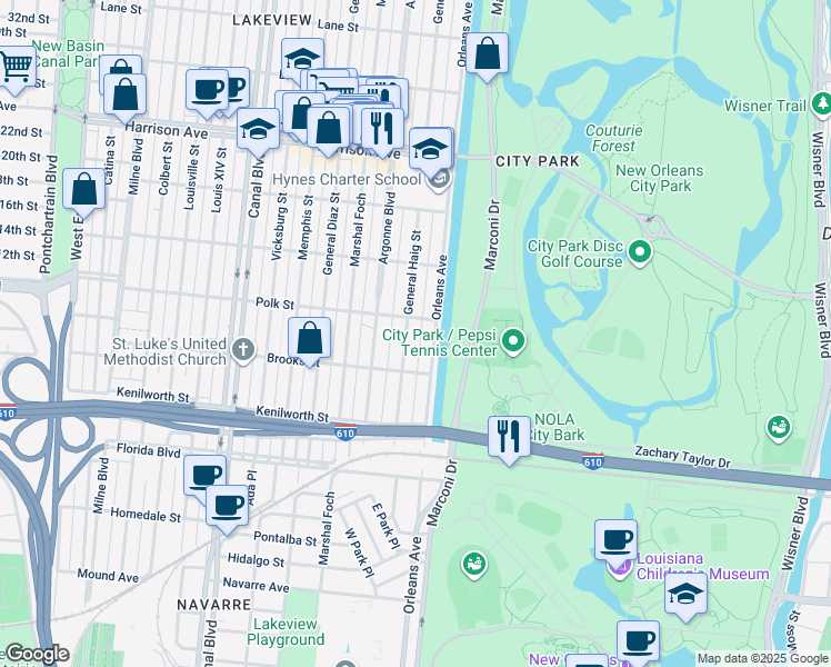 map of restaurants, bars, coffee shops, grocery stores, and more near 5977 General Haig Street in New Orleans