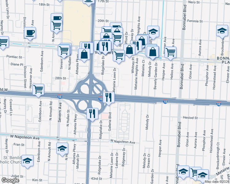 map of restaurants, bars, coffee shops, grocery stores, and more near 1514 Veterans Boulevard in Metairie