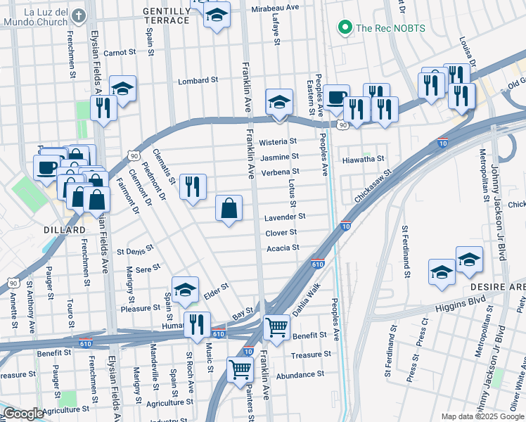 map of restaurants, bars, coffee shops, grocery stores, and more near 3821 Franklin Avenue in New Orleans