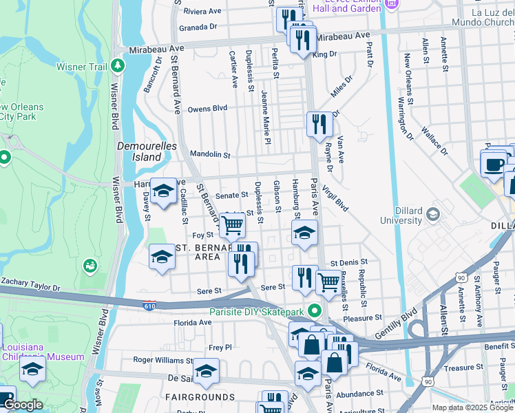 map of restaurants, bars, coffee shops, grocery stores, and more near 4014 Duplessis Street in New Orleans