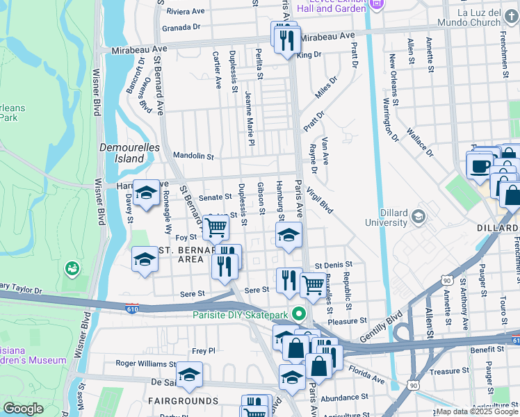 map of restaurants, bars, coffee shops, grocery stores, and more near 4010 Gibson Street in New Orleans