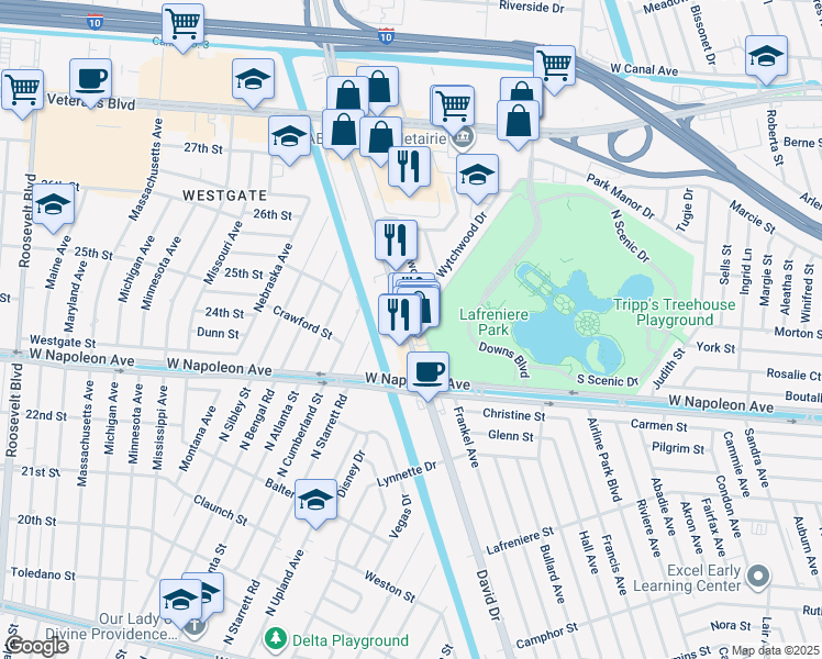 map of restaurants, bars, coffee shops, grocery stores, and more near 2413 David Drive in Metairie