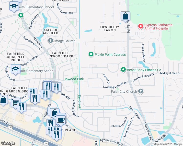 map of restaurants, bars, coffee shops, grocery stores, and more near 20394 Mathis Landing Drive in Cypress