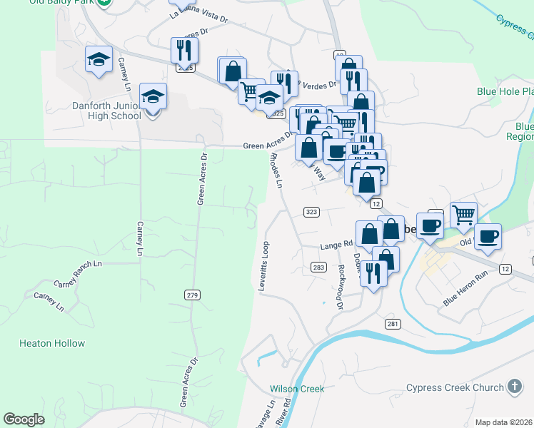 map of restaurants, bars, coffee shops, grocery stores, and more near 190 Eastern Road in Wimberley