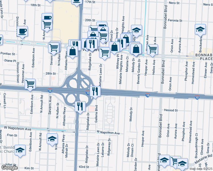map of restaurants, bars, coffee shops, grocery stores, and more near 2501 Metairie Lawn Drive in Metairie