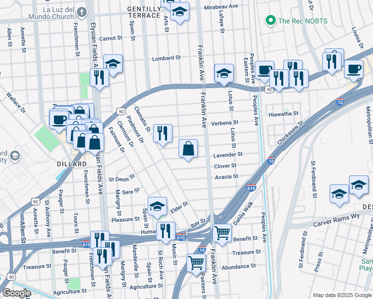 map of restaurants, bars, coffee shops, grocery stores, and more near 2549 Jonquil Street in New Orleans