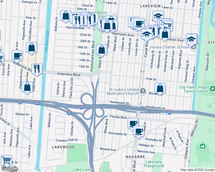 map of restaurants, bars, coffee shops, grocery stores, and more near 5879 Catina Street in New Orleans