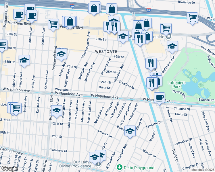 map of restaurants, bars, coffee shops, grocery stores, and more near 8712 24th Street in Metairie