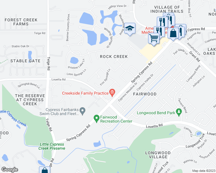 map of restaurants, bars, coffee shops, grocery stores, and more near 15714 Blanco Trails Lane in Cypress