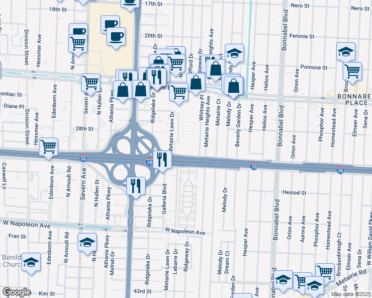 map of restaurants, bars, coffee shops, grocery stores, and more near 2501 Metairie Lawn Drive in Metairie