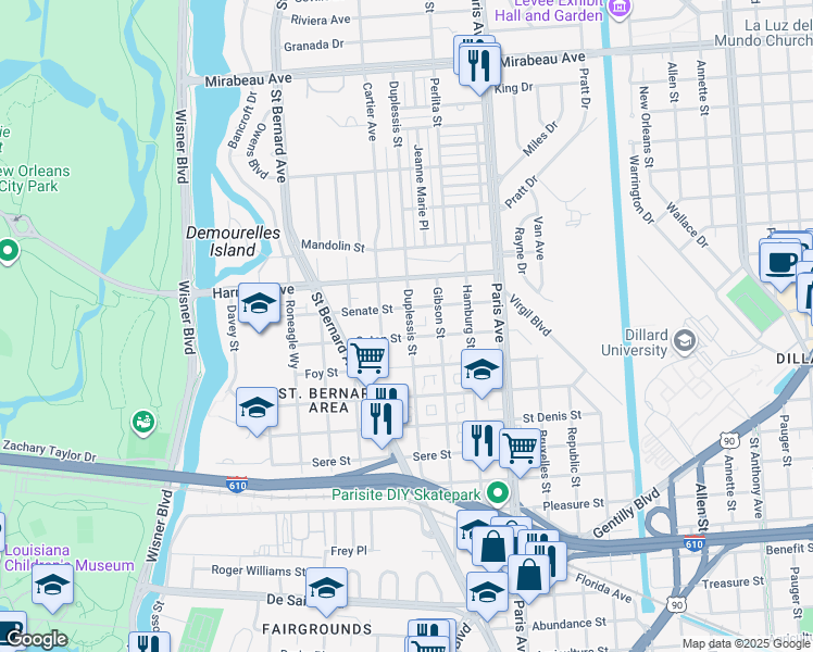 map of restaurants, bars, coffee shops, grocery stores, and more near 4030 Duplessis Street in New Orleans