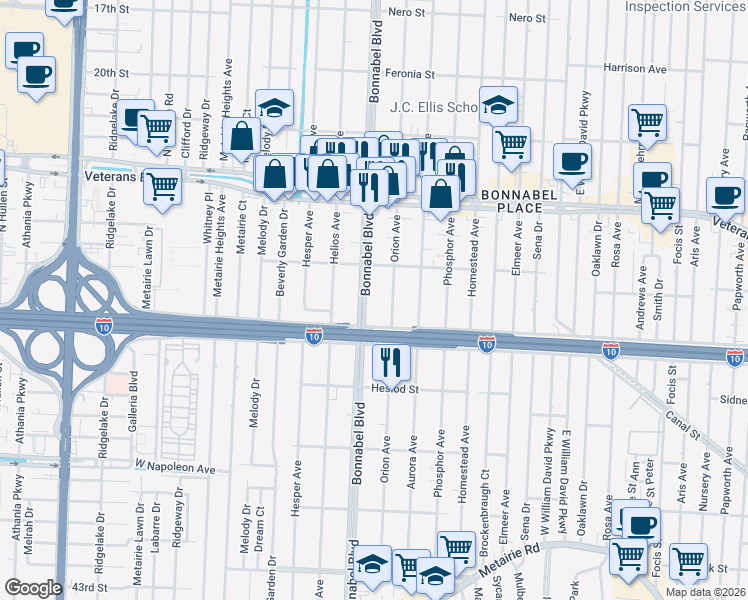 map of restaurants, bars, coffee shops, grocery stores, and more near 639 Bonnabel Boulevard in Metairie