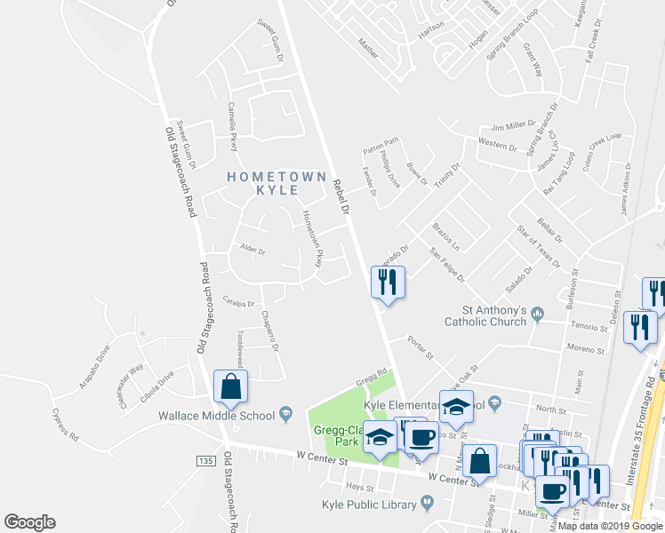 map of restaurants, bars, coffee shops, grocery stores, and more near 148 Bluets Drive in Kyle