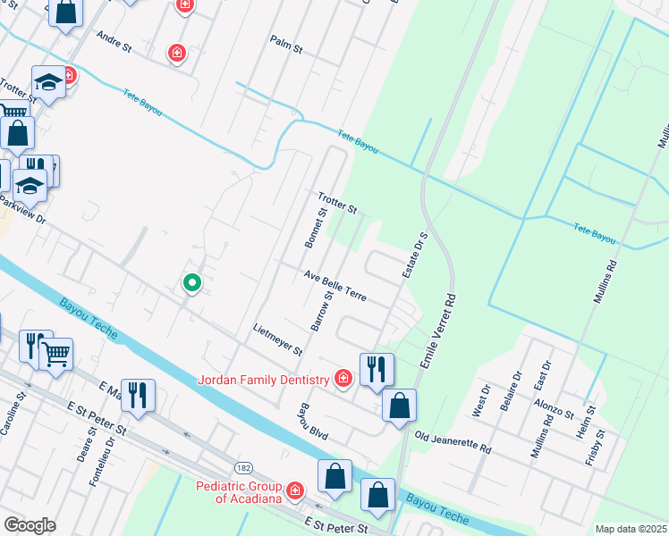 map of restaurants, bars, coffee shops, grocery stores, and more near 619 Barrow Street in New Iberia