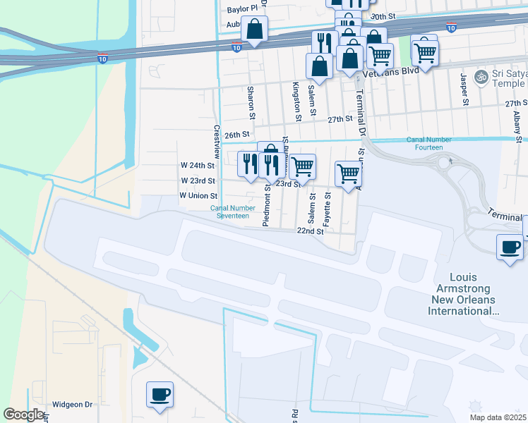 map of restaurants, bars, coffee shops, grocery stores, and more near 2234 Piedmont Street in Kenner