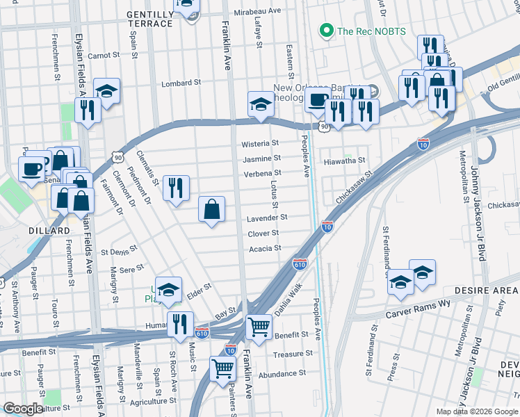 map of restaurants, bars, coffee shops, grocery stores, and more near 2674 Jonquil Street in New Orleans