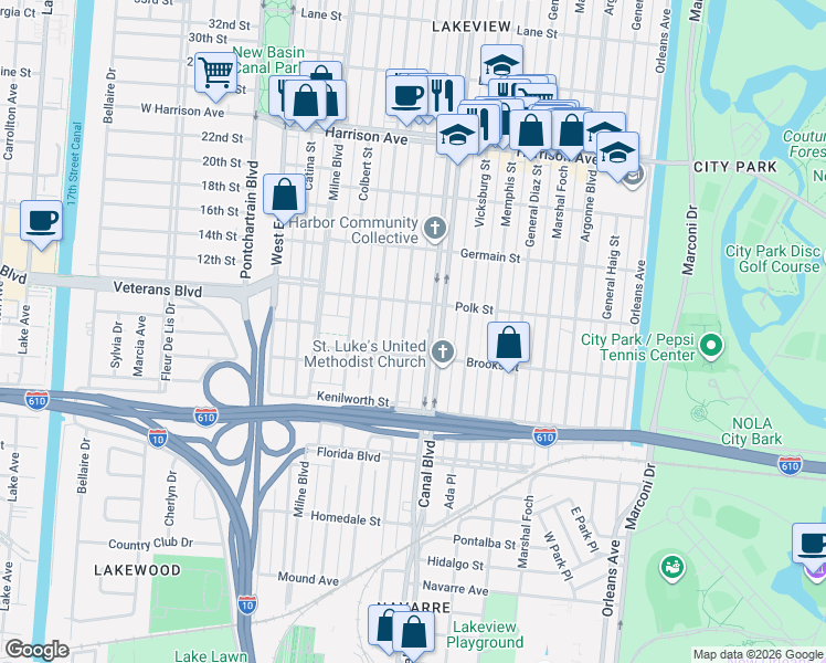 map of restaurants, bars, coffee shops, grocery stores, and more near 5944 Canal Boulevard in New Orleans