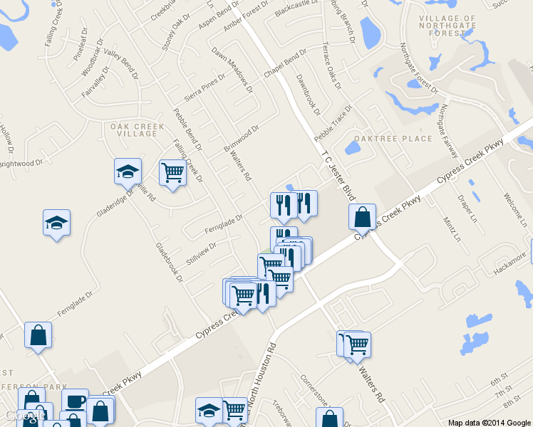 map of restaurants, bars, coffee shops, grocery stores, and more near 3602 Windbriar Court in Houston