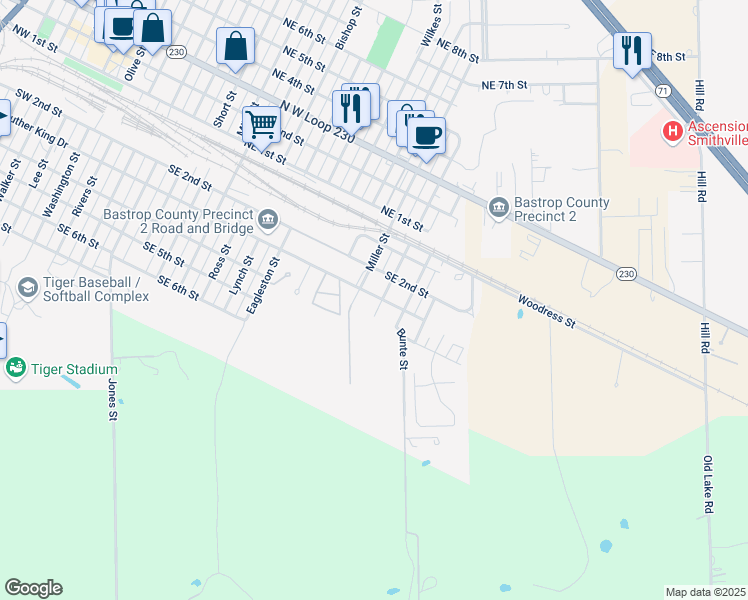 map of restaurants, bars, coffee shops, grocery stores, and more near 300 Gentry Street in Smithville