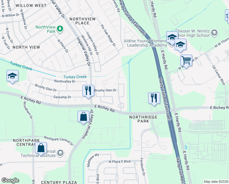 map of restaurants, bars, coffee shops, grocery stores, and more near 750 Brushy Glen Drive in Houston