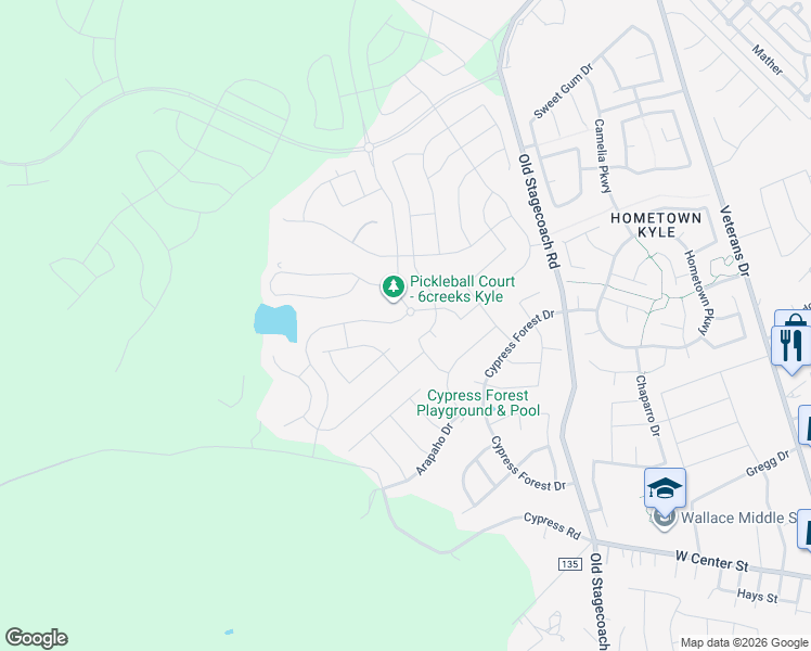 map of restaurants, bars, coffee shops, grocery stores, and more near 13 Cypress Road in Kyle