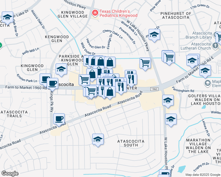 map of restaurants, bars, coffee shops, grocery stores, and more near 7085 FM 1960 Road East in Atascocita