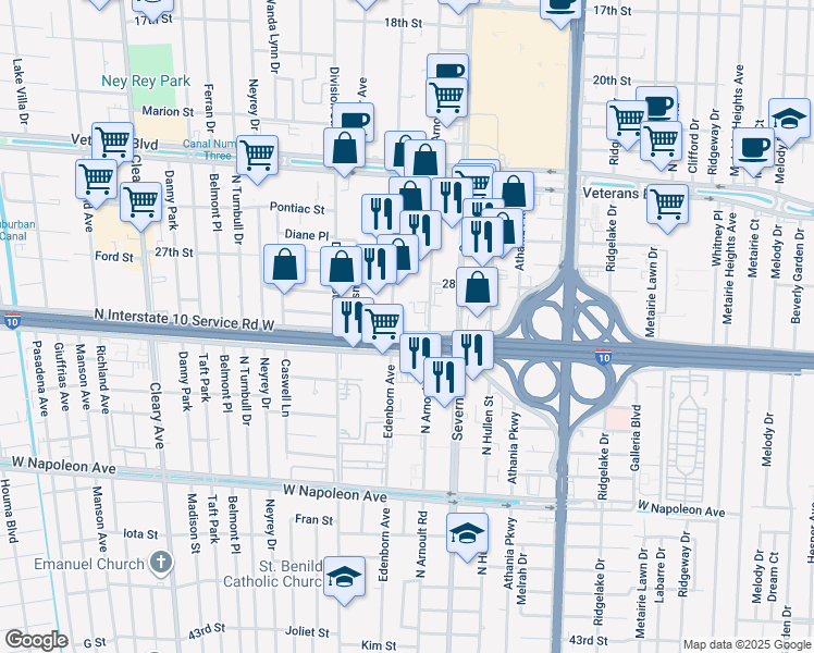 map of restaurants, bars, coffee shops, grocery stores, and more near 3545 North Interstate 10 Service Road West in Metairie