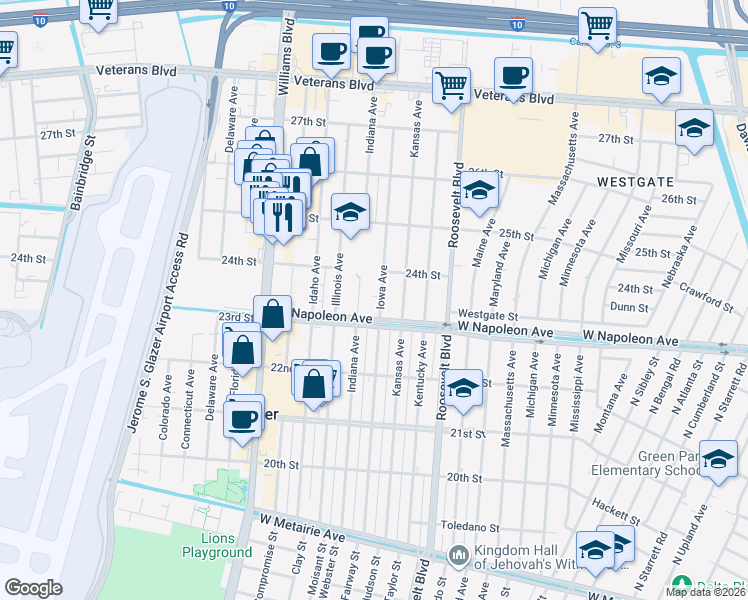 map of restaurants, bars, coffee shops, grocery stores, and more near 2320 Indiana Avenue in Kenner