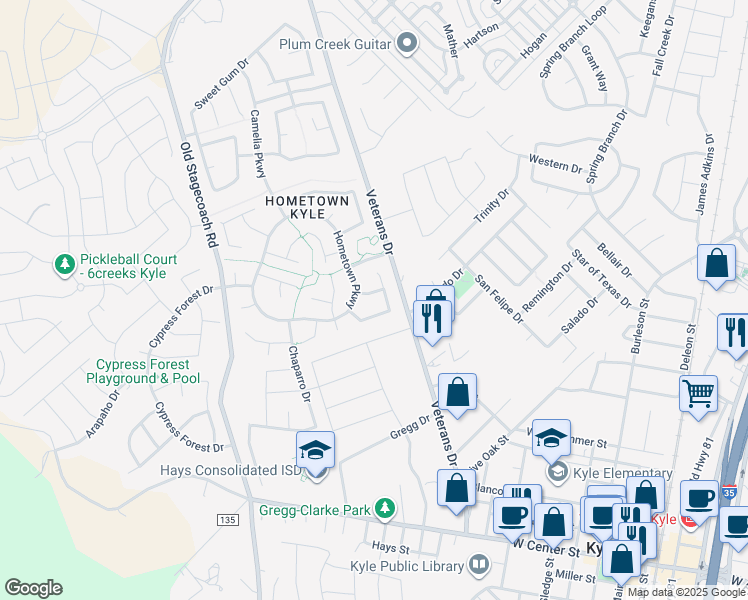 map of restaurants, bars, coffee shops, grocery stores, and more near 148 Bluets Drive in Kyle