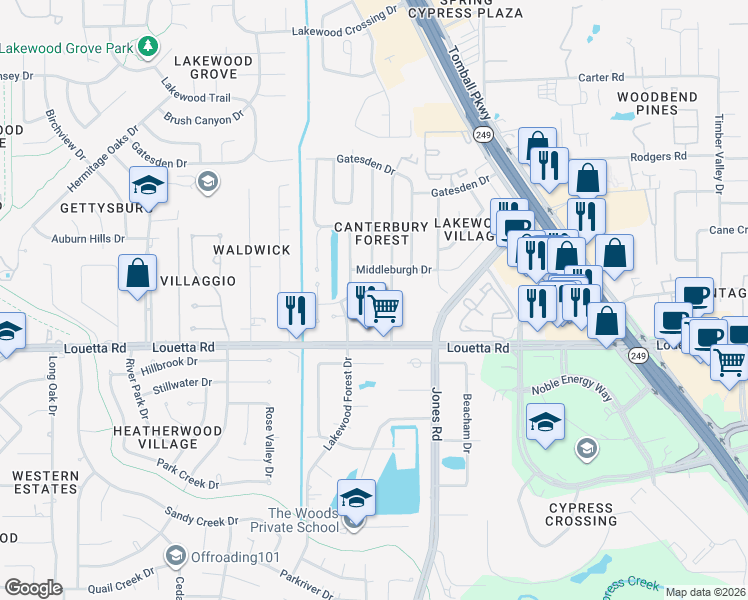 map of restaurants, bars, coffee shops, grocery stores, and more near 15455 Canterbury Forest Drive in Tomball