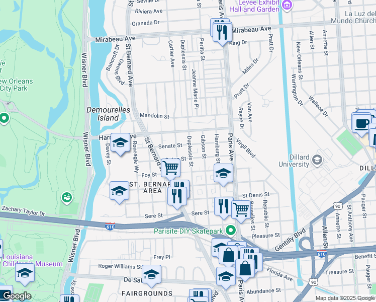 map of restaurants, bars, coffee shops, grocery stores, and more near 4032 Duplessis Street in New Orleans
