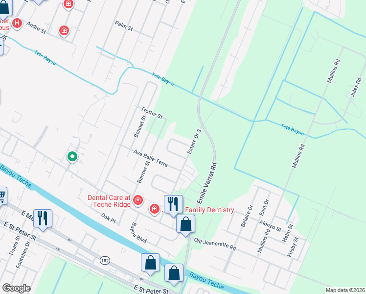 map of restaurants, bars, coffee shops, grocery stores, and more near 2406 Terre Ruelle in New Iberia