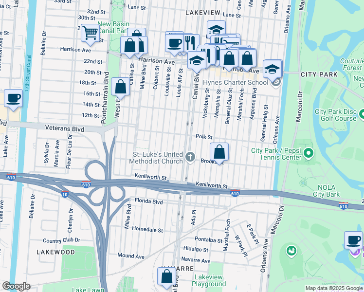 map of restaurants, bars, coffee shops, grocery stores, and more near 5944 Canal Boulevard in New Orleans