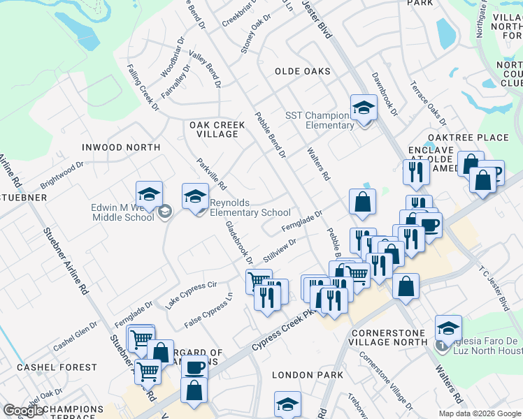 map of restaurants, bars, coffee shops, grocery stores, and more near 14919 Parkville Drive in Houston