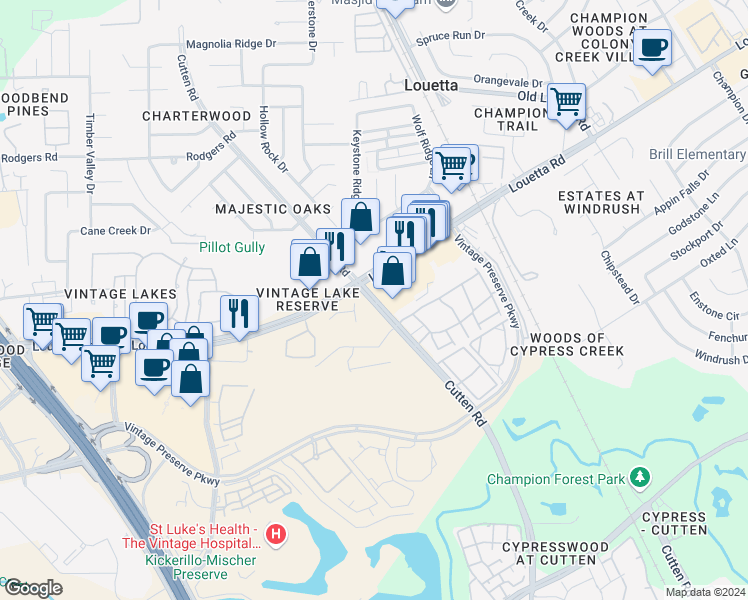 map of restaurants, bars, coffee shops, grocery stores, and more near 10143 Louetta Road in Houston