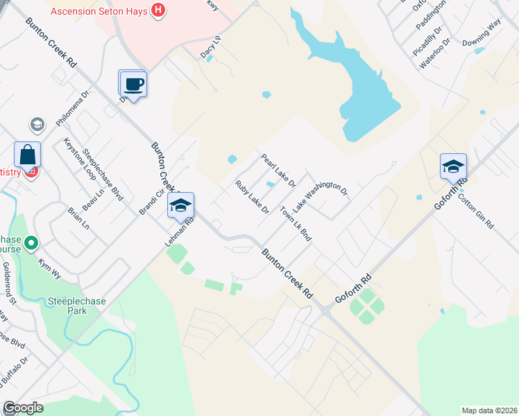 map of restaurants, bars, coffee shops, grocery stores, and more near 108 Mood Lake Drive in Kyle